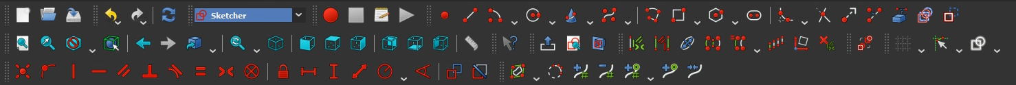 The Sketcher workbench default toolbars in 3 rows