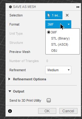 The &ldquo;Save as mesh&rdquo; dialog with all the formats supported