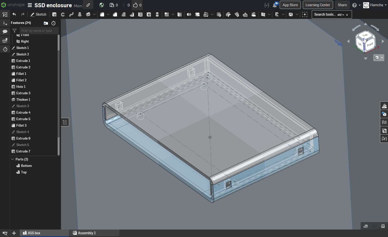 The enclosure project in Onshape