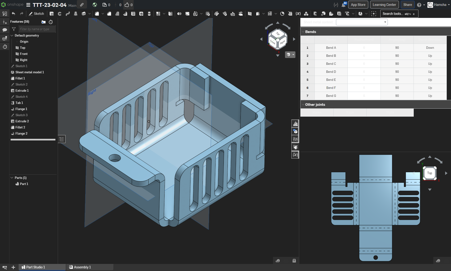 Sheet metal part designed in Onshape, with a flat view for the cutting and all the necessary bends