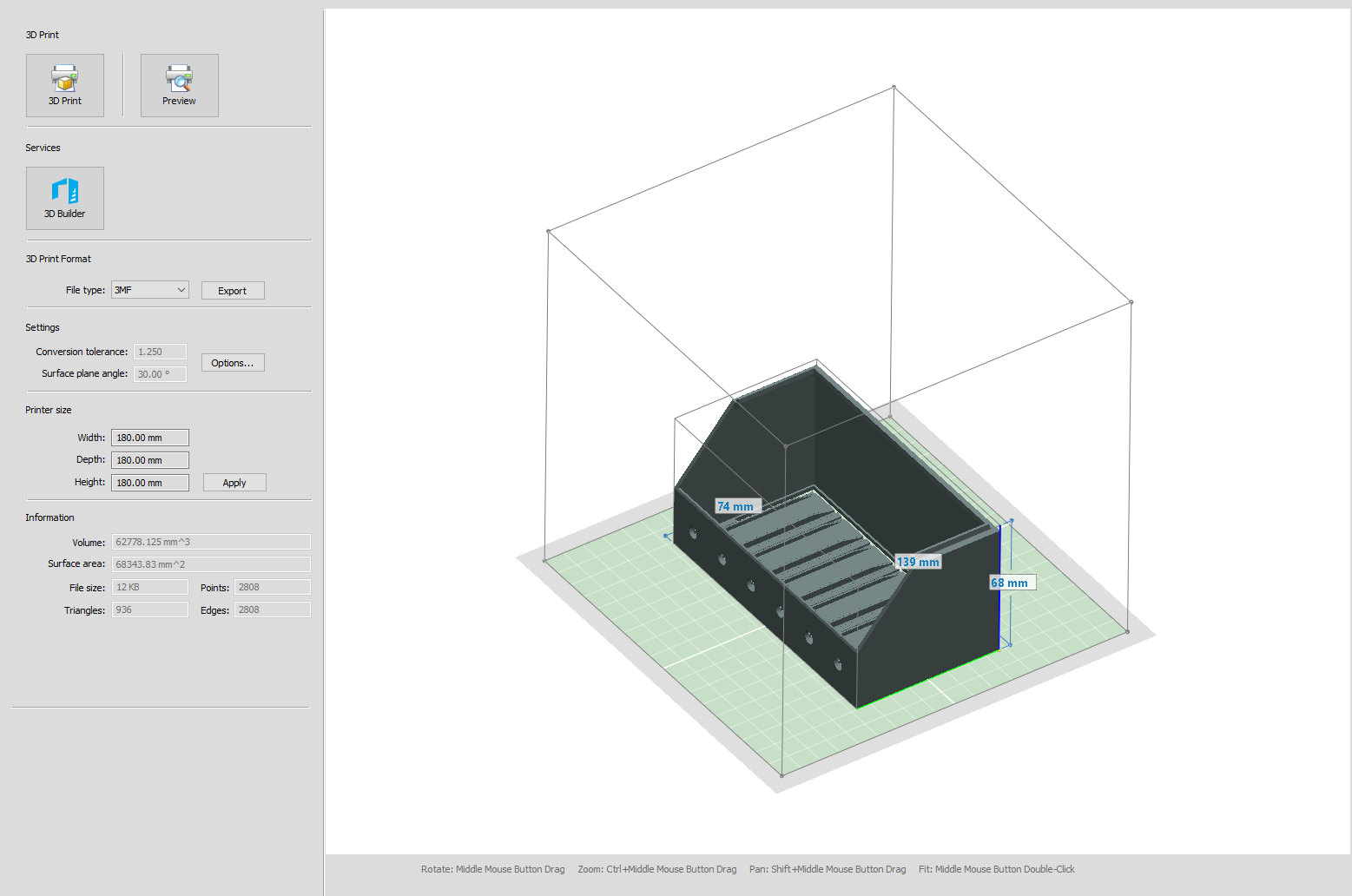 The wire box in the 3D Print menu with a Prusa Mini bed size