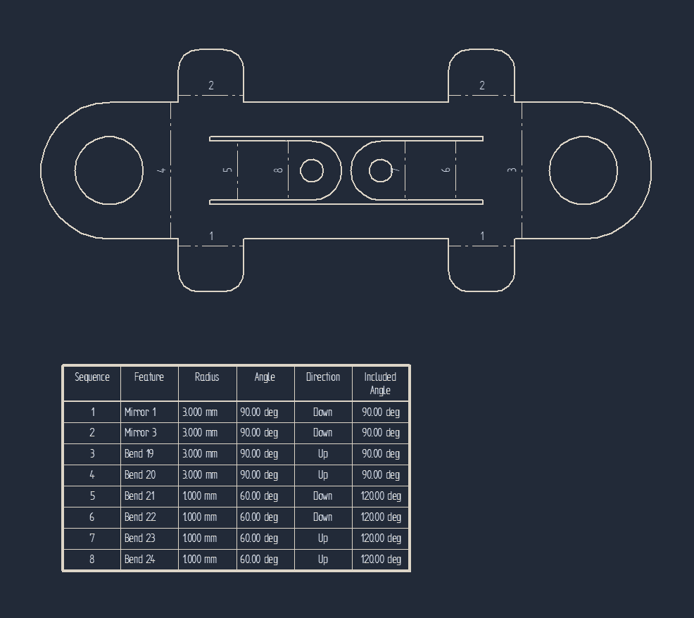 The flattened out part in a draft with a table of bends